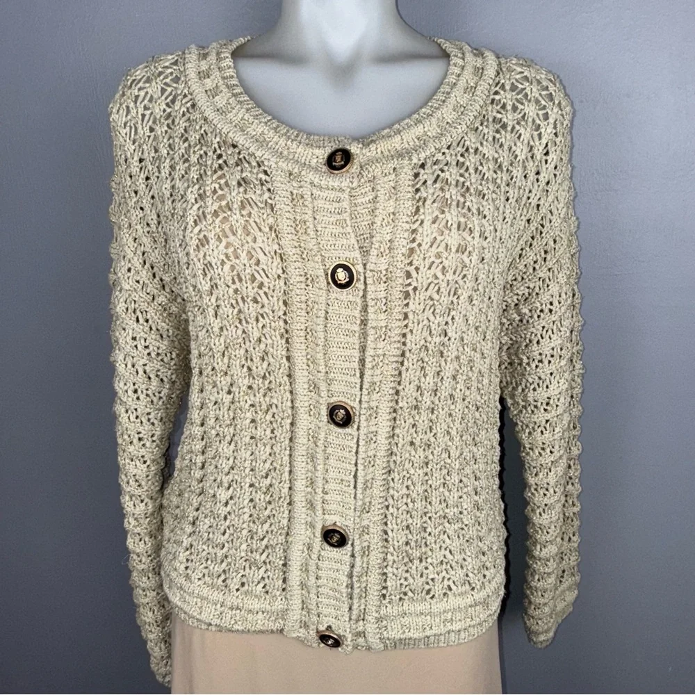 Rachel Zoe Cardigan Women’s Medium Metallic Open Knit‎ Gold Button Sweater